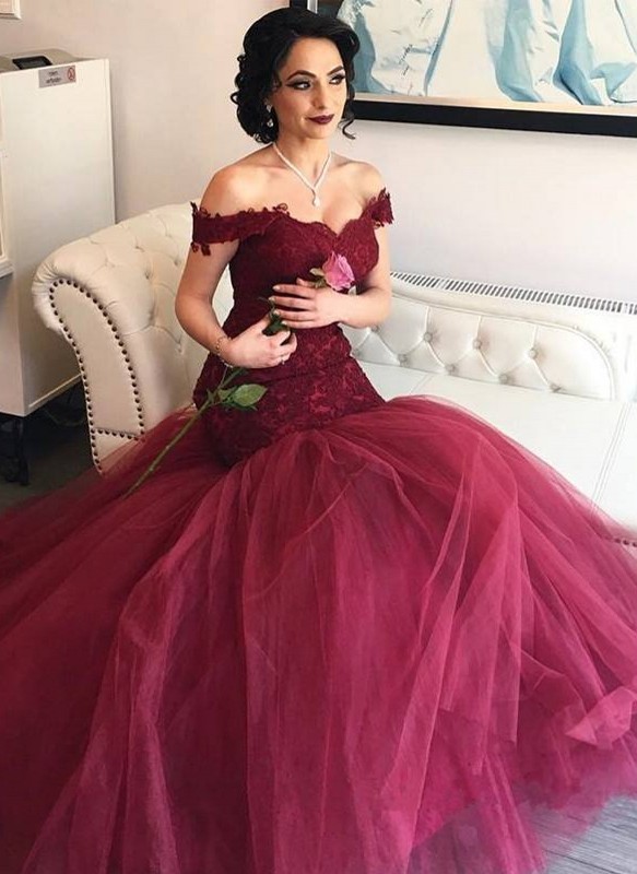  Newest Burgundy Tulle Off-the-Shoulder Mermaid Lace Prom Dresses 