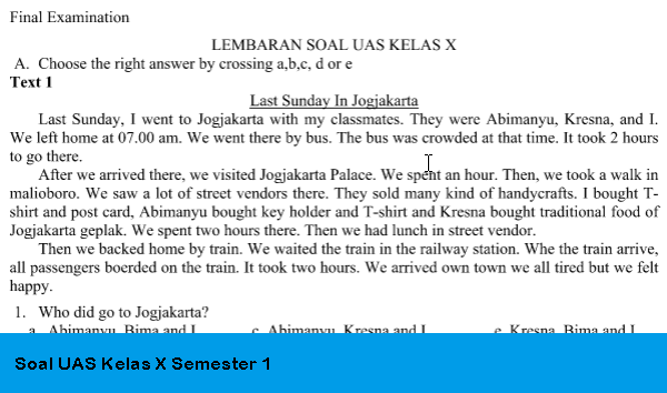 Soal UAS Kelas X Semester 1 Tahun Pelajaran 2015/2016