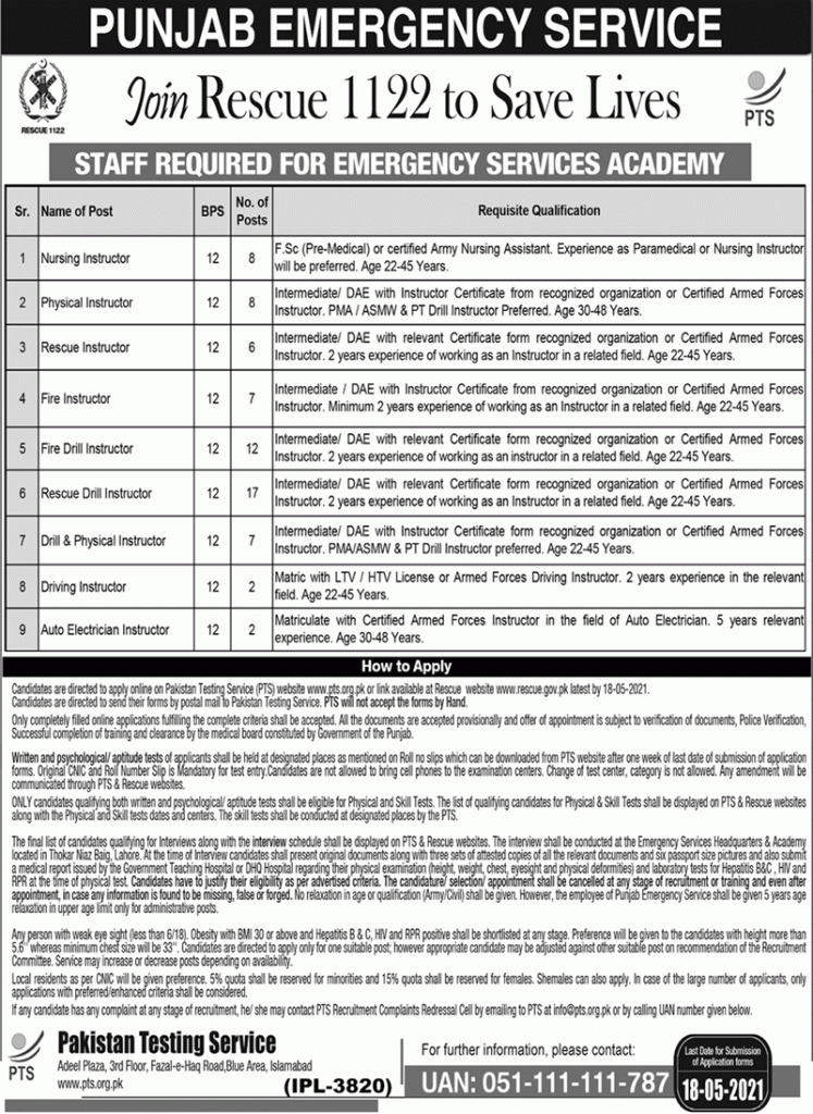 New Jobs in Rescue 1122 by PTS 2021 (Age 48 max) - Join Rescue 1122 PTS Jobs by www.newjobs.pk