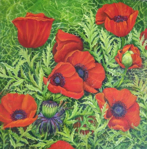 Garden patterns II 2010 Margaret Ryall mixed media on cradled panel red poppies 