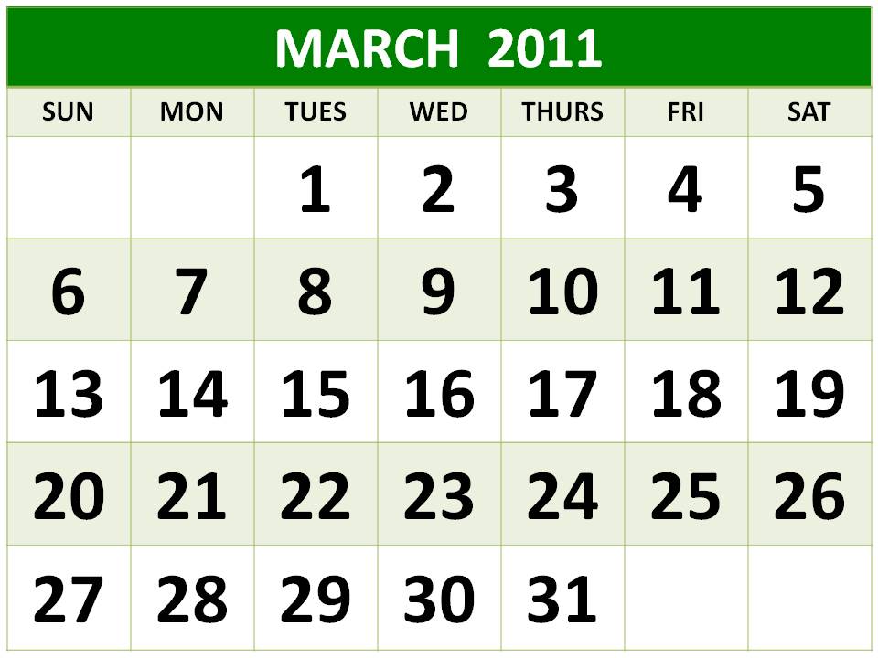 Free Printable March 2011 Calendar with big fonts