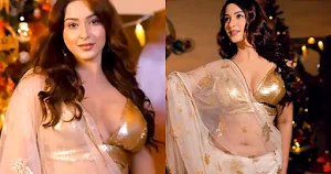 esshanya maheshwari navel cleavage sheer saree golden blouse