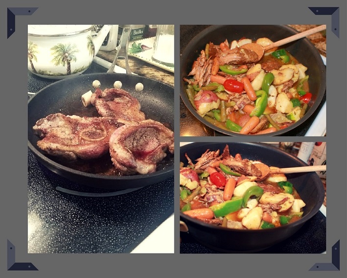 this is lamb stew in a pan on top of the stove