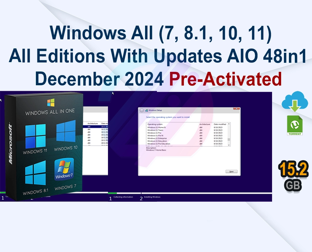 Windows All (7, 8.1, 10, 11) All Editions With Updates AIO 48in1 December 2024 Preactivated