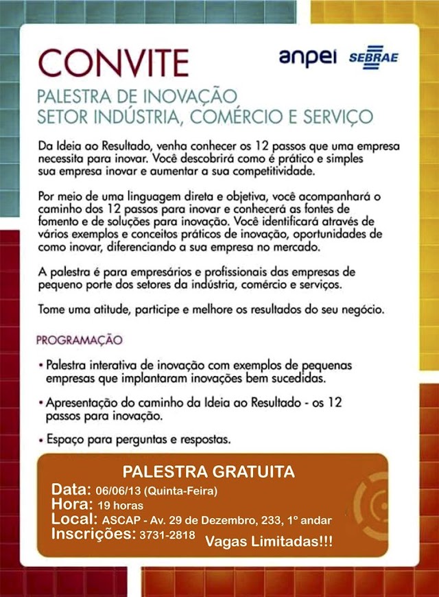 Palesta gratuita sobre inovação para as empresas acontece nesta Quinta na Ascap‏