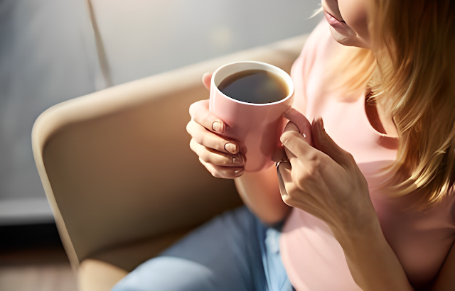 Young woman holding pink cup of coffee