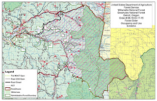 A map of the Whitewater Fire area closure in Mt. Jefferson Wilderness
