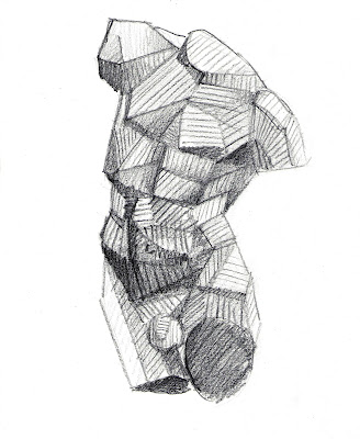 Dibujo de estatua clásica torso de Hermes. Ejercicio de dibujo explicados, estructuras, simplificaciones, por planos, claroscuro, rayado trazos. Explicación de objetivos. grados arte, bellas artes. Dibujo y texto de Juan Sánchez Sotelo para la academia de dibujo y pintura Artistas6 de Madrid. Clases y cursos para aprender a dibujar y pintar.  