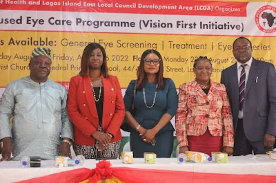 L-R: Chairman, Lagos Island East Local Council Development Area, Mr. Muibi Folawiyo; Lead, Sustainable Community Development, National Petroleum Investment Management Services, Mrs Tolulope Derin-Adefuwa; Business Opportunity Manager, Shell Nigeria Exploration and Production Company Limited (SNEPCo), Mrs Ibiyemi Asaolu; Director for Administrative Training, Lagos State Ministry of Health, Dr Olufunmilayo Shokunbi; and Shell’s Regional Community Health Manager, Dr Akin Fajola, at the opening session of NNPC/SNEPCo’s Vision First programme, a free medical eye care outreach for Lagos Island community... on Monday