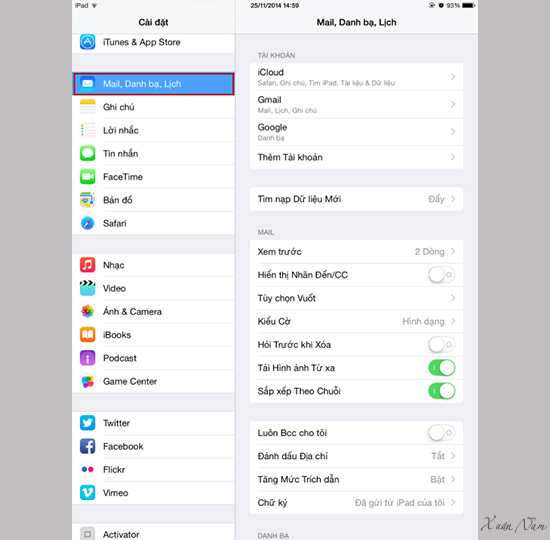 Chọn Mục Mail, Danh bạ, Lịch