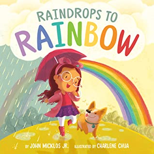 Painting of smiling girl with glasses holding an umbrella, walking under a rainbow with her dog