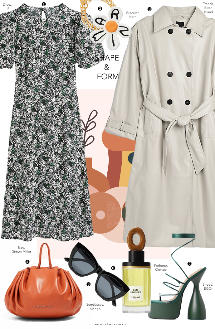 Styling faux leather cream trench coat with floral dress, geometric EGO sandals, Marni bracelet, Mango sunglasses, Simon Miller bag and Ormaie perfume for look-a-porter.com style fashion blog & outfit inspiration
