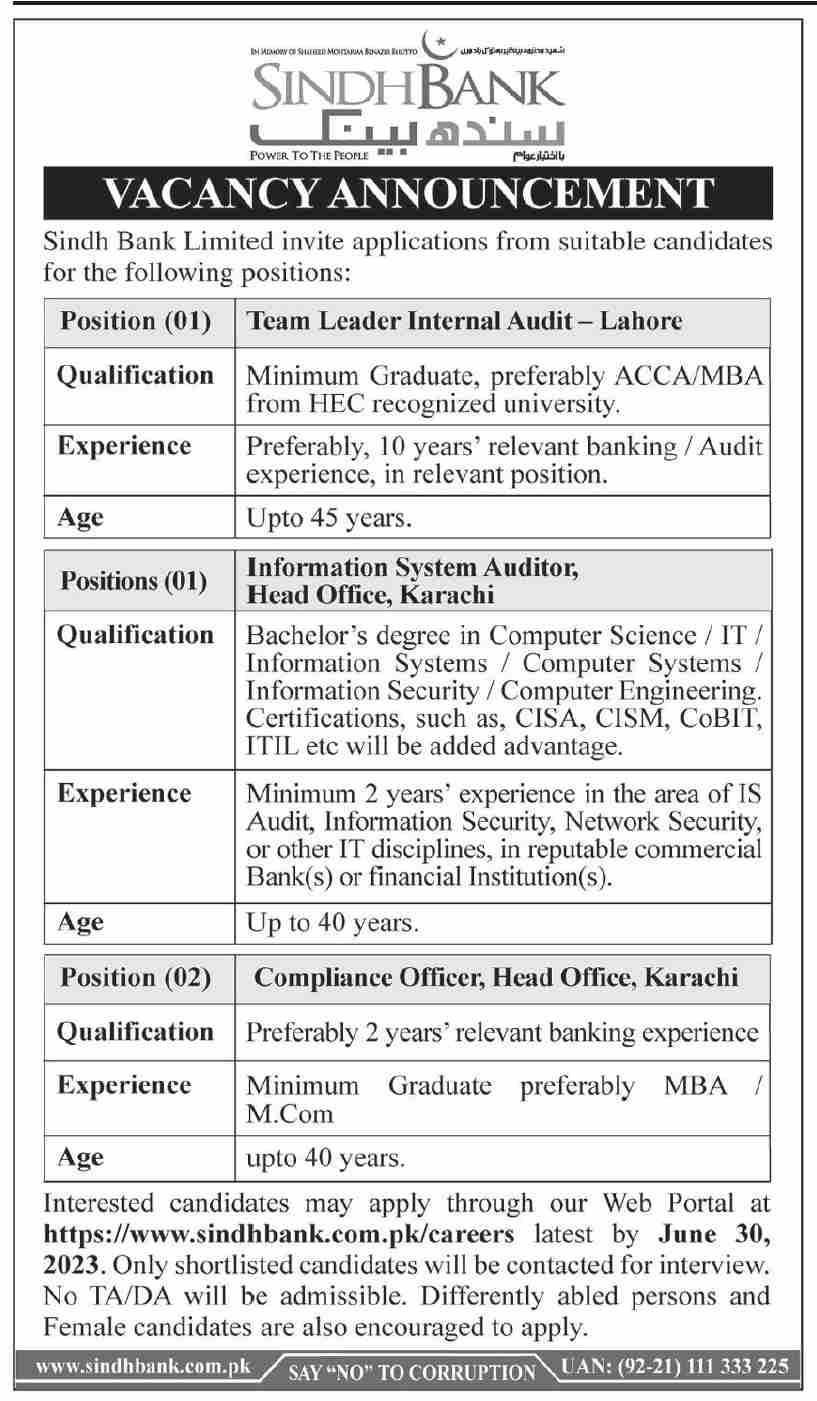 Sindh Bank Limited Job 2023