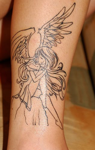 Beautiful anime angel tattoo before and after colorization.