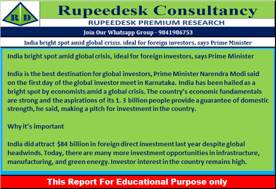 India bright spot amid global crisis, ideal for foreign investors, says Prime Minister - Rupeedesk Reports - 03.11.2022
