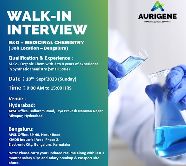 Aurigene Pharmaceutical Services | Walk-in interview at Hyderabad & Bengaluru on 10th Sep 2023