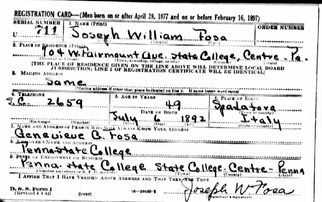 white image with black hand writing Joseph Fosa's 1942 WWII registration card