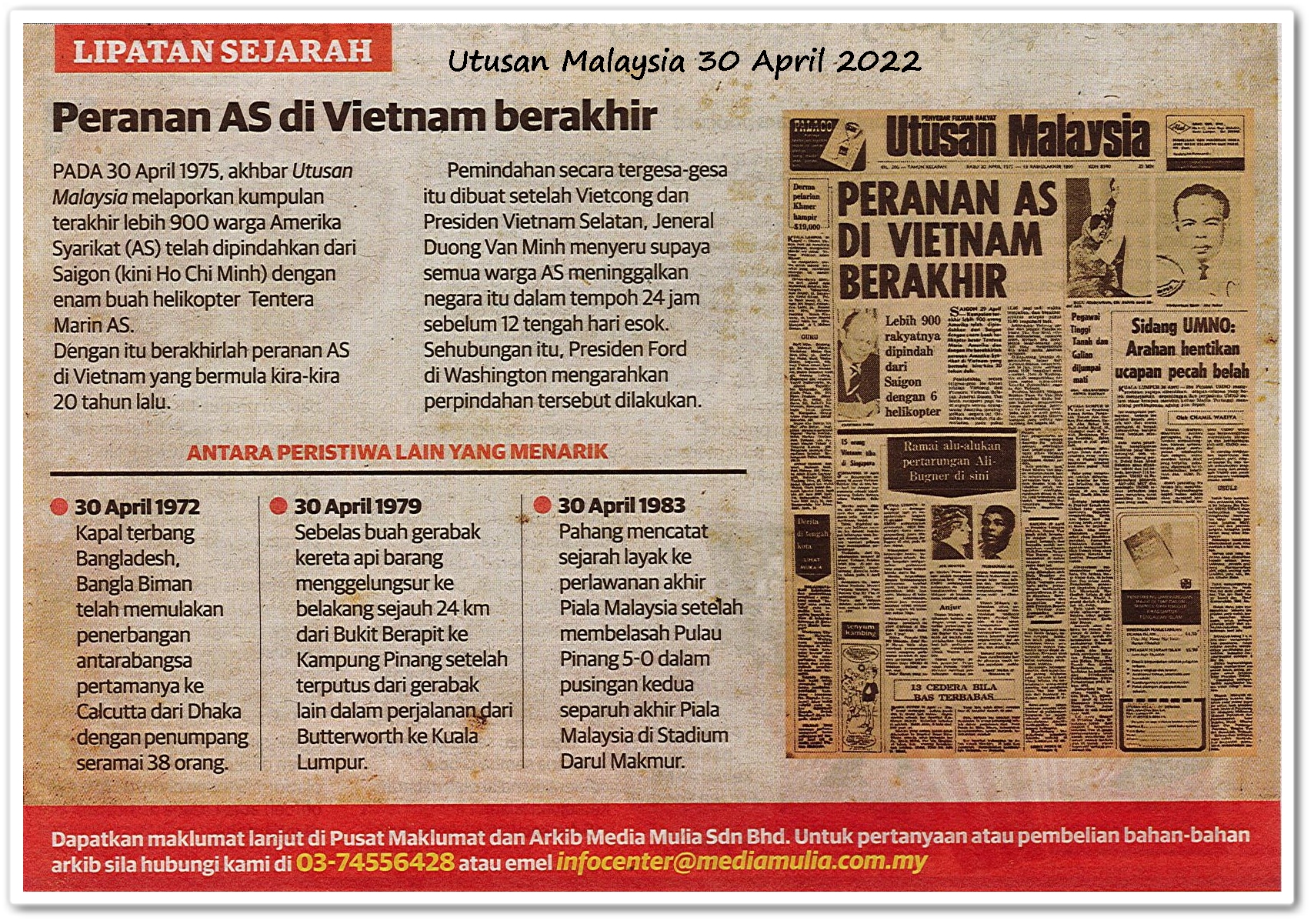 Lipatan sejarah 30 April - Keratan akhbar Utusan Malaysia 30 April 2022