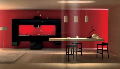   Black Room on Modern Red Kitchen Interior  With Black Wall Decor