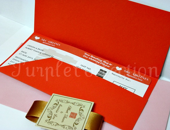 Boarding Pass Red Double Happiness Chinese Wedding Invitation Card, boarding pass style, wedding invitation cards, red pocket card, boarding pass card, wedding card, pocket fold, red double happiness card, chinese wedding card