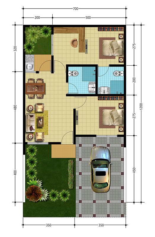 Denah rumah minimalis ukuran 7x12 meter 2 kamar tidur 1 