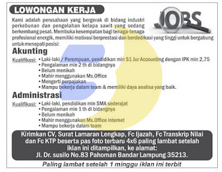 Lowongan Kerja Accounting dan Administrasi Juli 2015 terbaru di Lampung