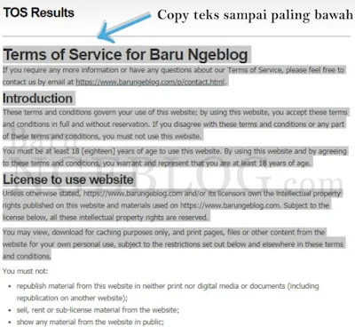 Cara Mudah dan Cepat Membuat Terms of Service (TOS)  di Blog Secara Online