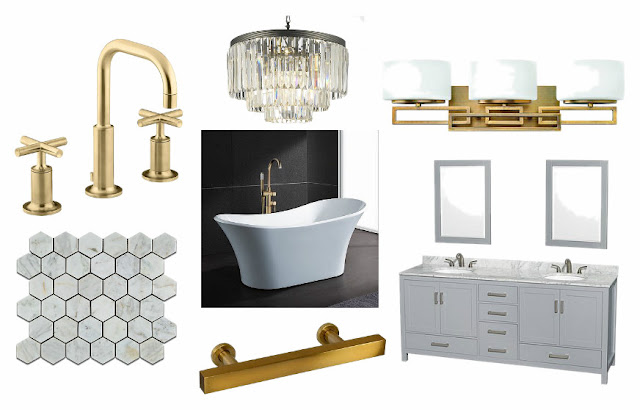 Master Bathroom, Brass, gold, antiqued gold, glass chandelier, marble, carrarra marble, gray, teal, double sink, vanity, 3D, 3D renderings, widespread faucet, free standing tub, ihomeregistry, interior design, interiors, bathroom
