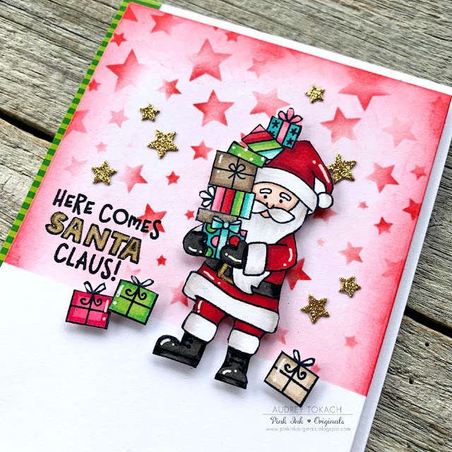 Deck the Halls with Inky Paws Week - Santa Card by Guest Designer Audrey Tokach | Dear Santa Stamp Set and Cascading Stars Stencil by Newton's Nook Designs #newtonsnook #handmade