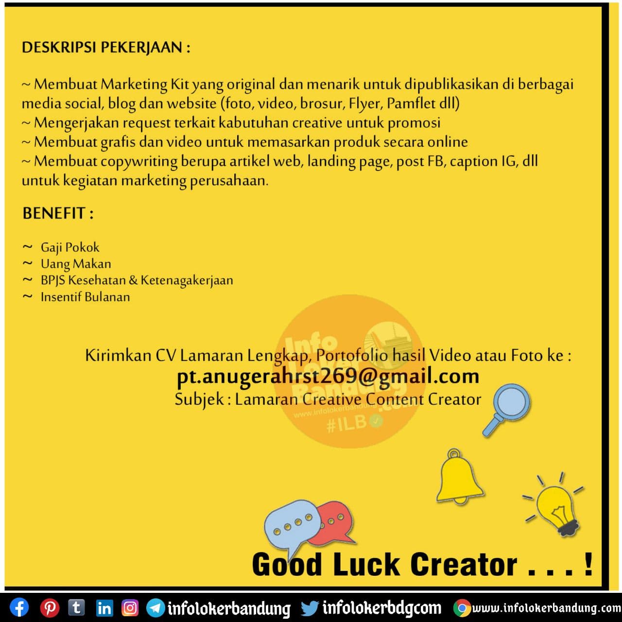 Lowongan Kerja Creative Content Creator PT. Anugerah RST269 Bandung November 2020
