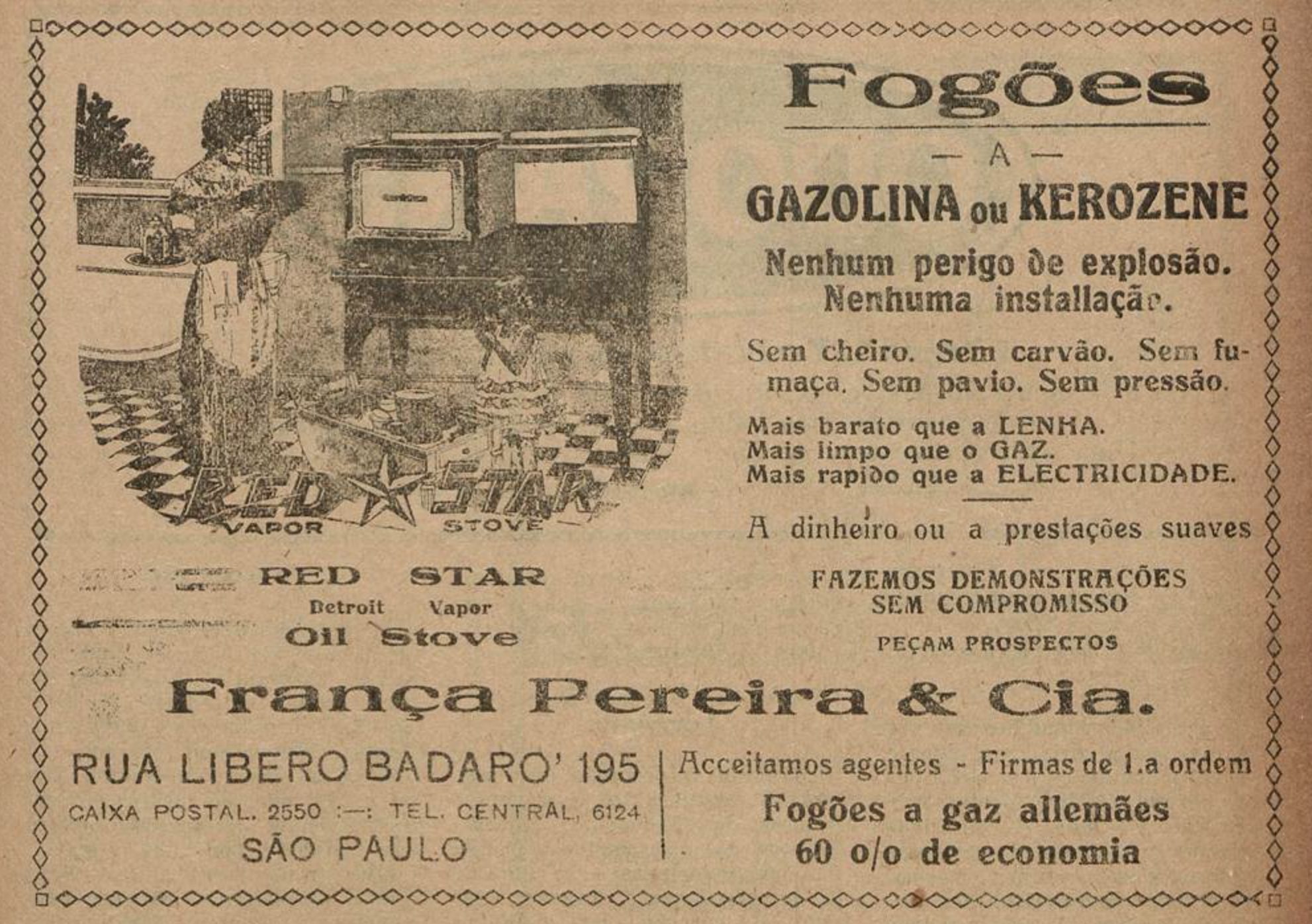 Anúncio de 1925 promovia os fogões a gasolina ou querosene da Red Star
