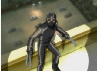 Image of X-23 in her full battle gear. She's wearing a full leather coat and pants, a mask that completely covers her head with big red eyes. Her claws, two long blades per hand, are fully extended.