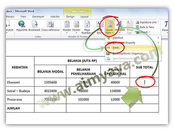  Gambar: Menambahkan field rumus pada tabel Microsoft Word 