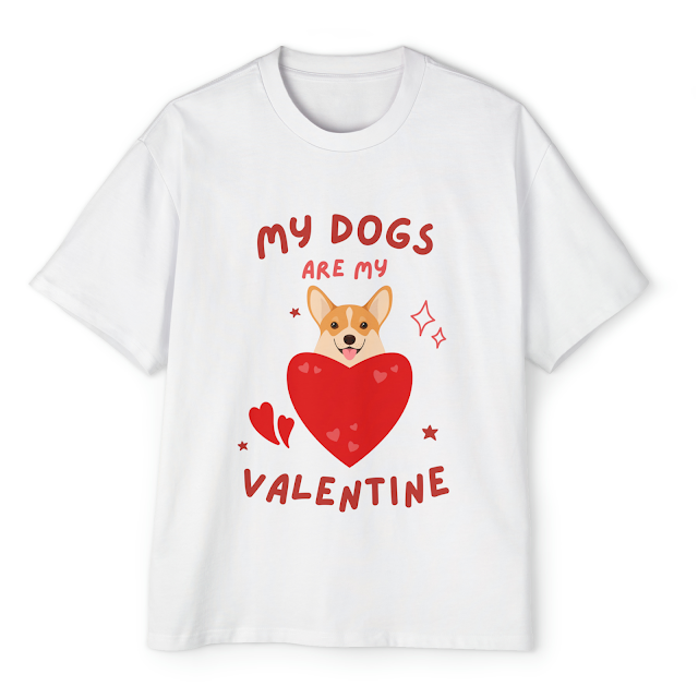 Men's Heavy Oversized T-Shirt With Red Illustration Dog Lovers Valentine Day