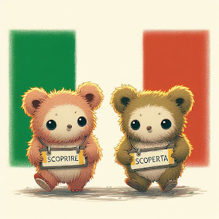 two cuddly creatures walking side by side, one wears the nametag written as scoprire and the other wears the nametag written scoperta, behind them is an Italian flag