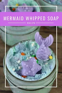 How to make fluffy whipped soap. This easy DIY recipe is made with melt and pour soap. This fun soap is made from scratch and is great for kids.  Use this mermaid foaming whipped soap as a shaving cream or as a base for a sugar scrub. Follow tutorials for soap ideas and homemade foaming soap. Packaging in jars like frosting. Add grapeseed oil for dry skin.  #soap #whippedsoap #mermaid