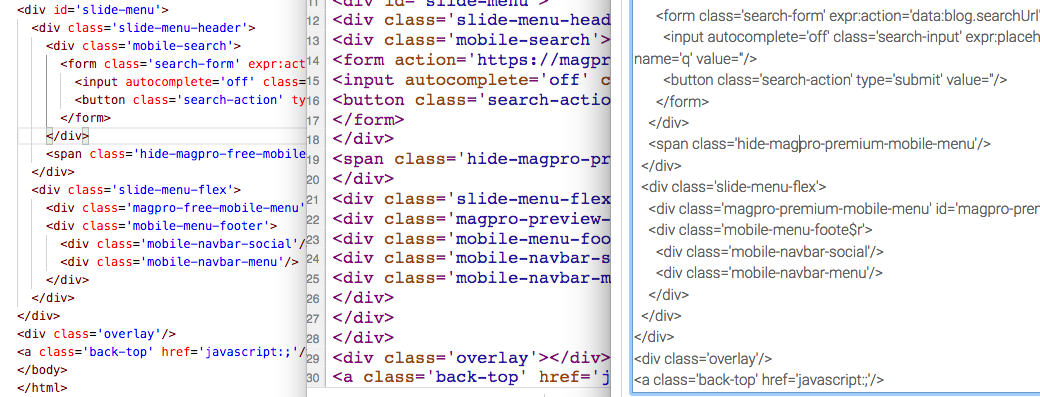 Exemplo de código para versões diferentes de um mesmo template; free, preview e premium.