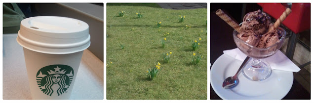 three square photos from left to right: starbucks drink container, grass with daffodils, chocolate ice cream dessert