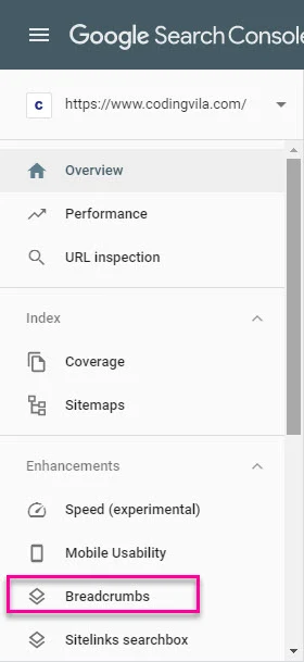 Google search console menu