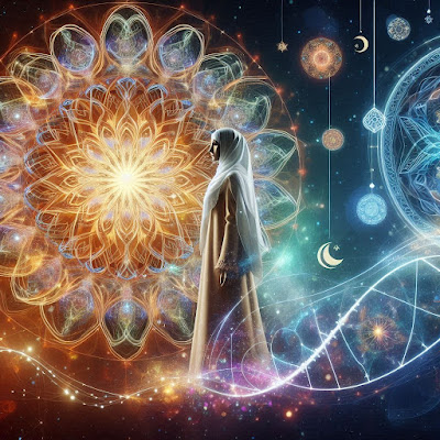 A glowing image that is inspiring and vibrant of the interplay between time, he dna and sacred geometry and the cosmost and human body, if using a figure, make it a muslim modestly clothed