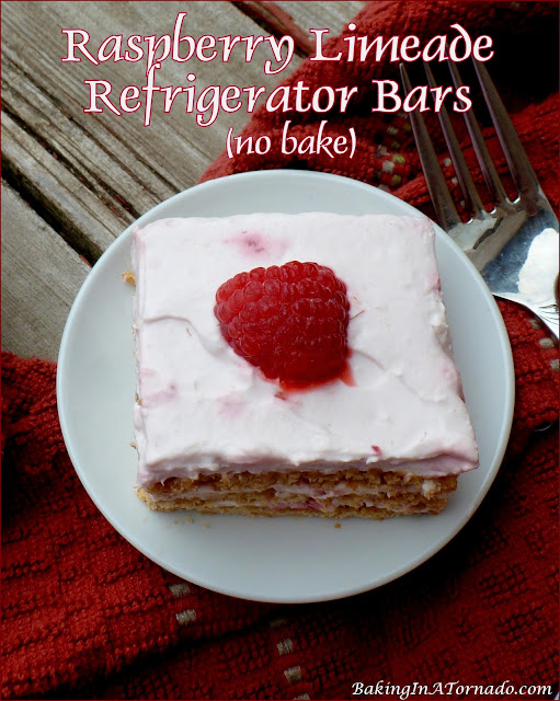 Raspberry Limeade Refrigerator Bars (no bake), this refreshing dessert is assembly only. | recipe developed by www.BakingInATornado.com | #recipe #dessert