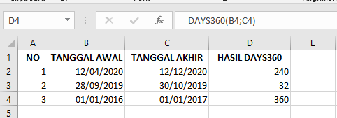 Cara Memasukkan Fungsi DAYS360 di Microsoft Excel