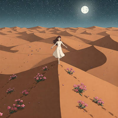 Figure balancing orbs in Sahara sands