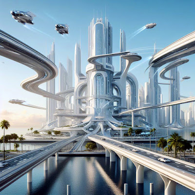 futuristic city over the tropic sea