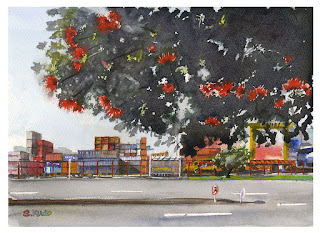 オークランド港とブラシノキ  水彩画　Auckland port & Bottlebrush tree　Watercolor