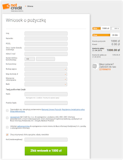 Formularz do wypełnienia w Net Credit