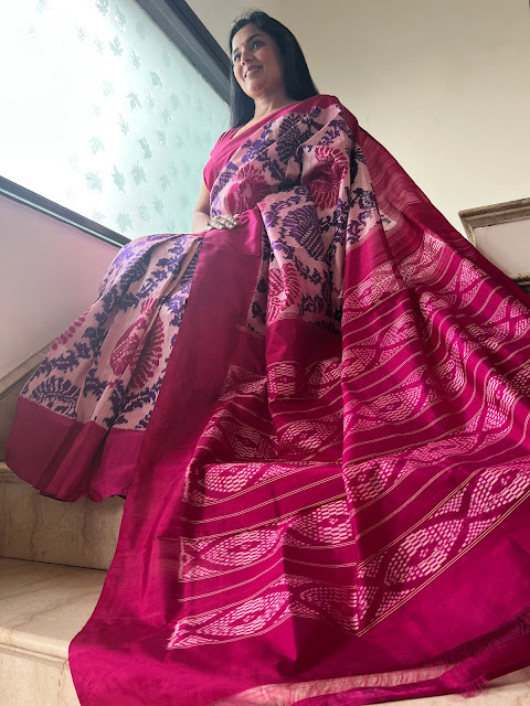 Pink peacock motif silk ikat pochampally saree