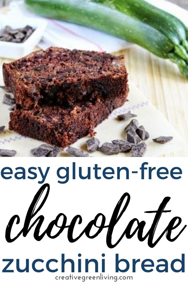 Get the recipe for the best chocolate gluten free zucchini bread! This chocolate zucchini bread recipe uses lots of zucchini and is easy to make. This healthy chocolate zucchini bread uses a 1:1 GF flour blend like Bobs Red Mill or Namaste. The chocolate chunks make it even better! #creativegreenliving #creativegreenkitchen #glutenfree #chocolatezucchinibread