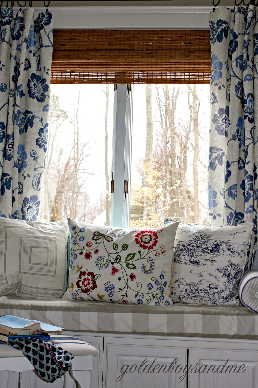 DIY master bedroom window seat made with upper kitchen cabinets-www.goldenboysandme.com
