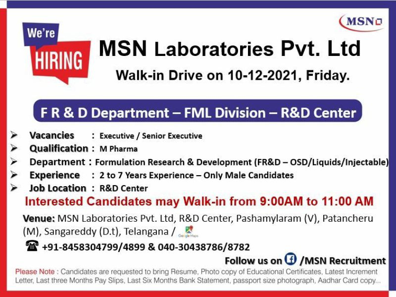 Job Availables,MSN Laboratories Pvt. Ltd  Walk-In-Interview For M.Pharm